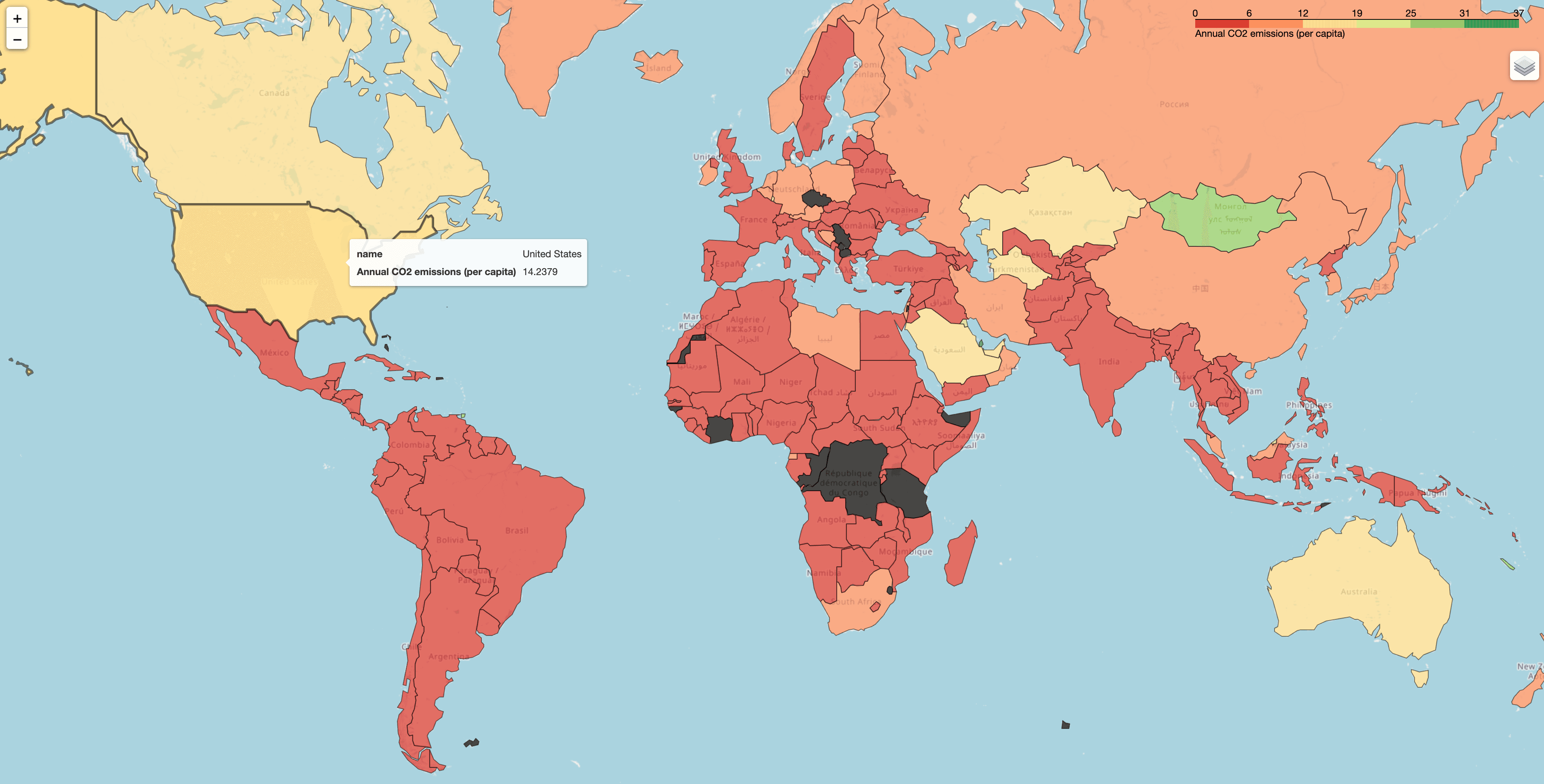 탄소 배출 인구별 세계지도(folium)